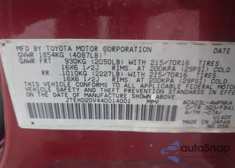 2004 Toyota Rav4 из США, поврежденный, VIN JTEHD20V440014001